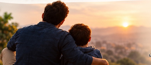 A father and child sitting together at sunset
