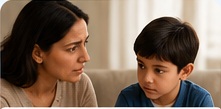 A mother speaking with her young son