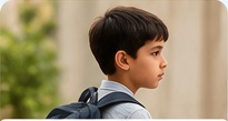 A school-aged child looking thoughtful